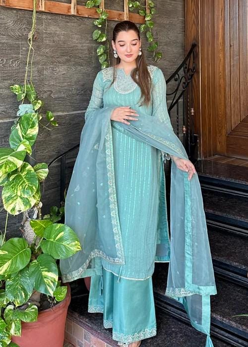 Embroidered Chiffon and Raw Silk Palazzo Designer Suit with Organza Dupatta - 3 Piece