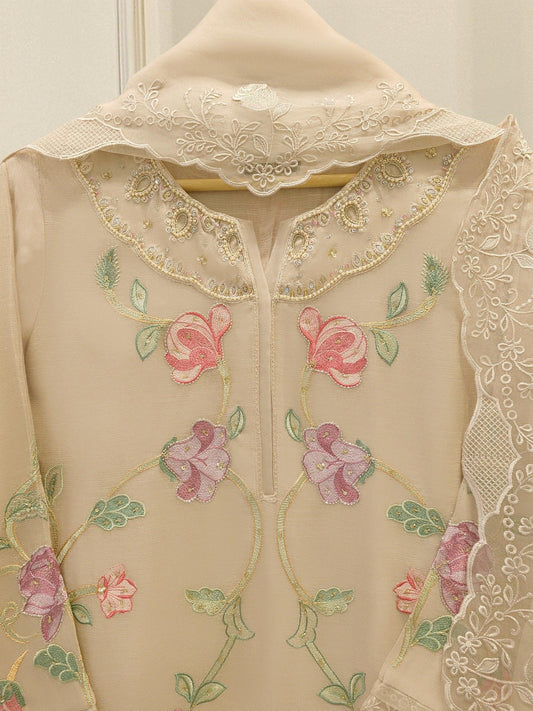 Agha Noor 3 Piece - Pure Embroidered Cotton Net Suit - Raw Silk Pants; Organza Dupatta