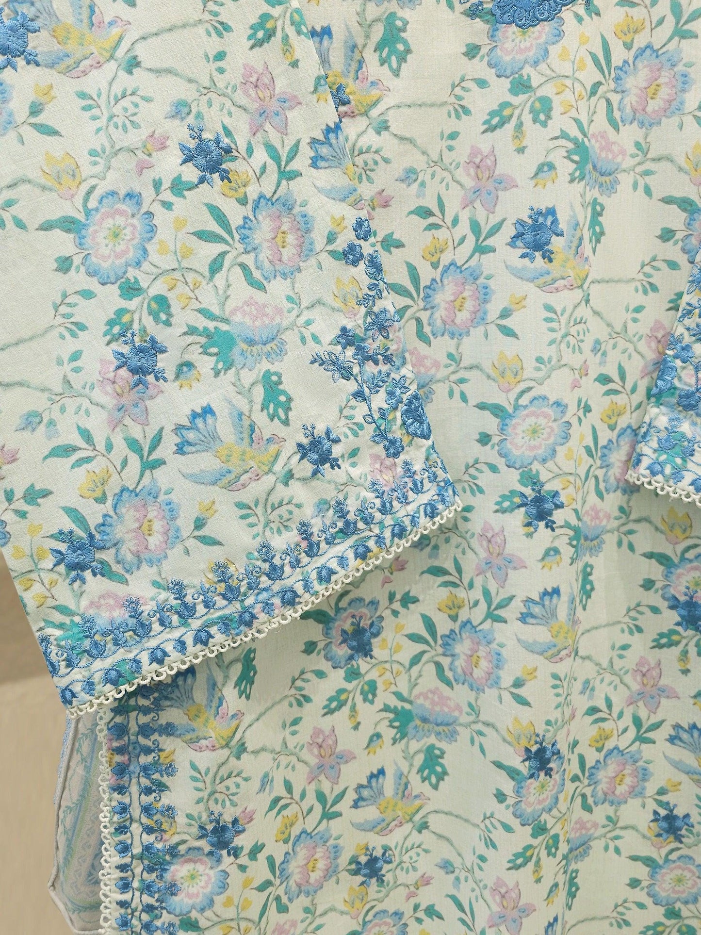 3 Piece - Embroidered Cambric Suit: Light Blue Shalwar Kameez - Ready Made Agha Noor