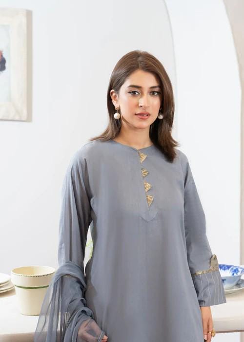 Raw Silk Farshi Shalwar Suit - Ash Grey - 3 Piece