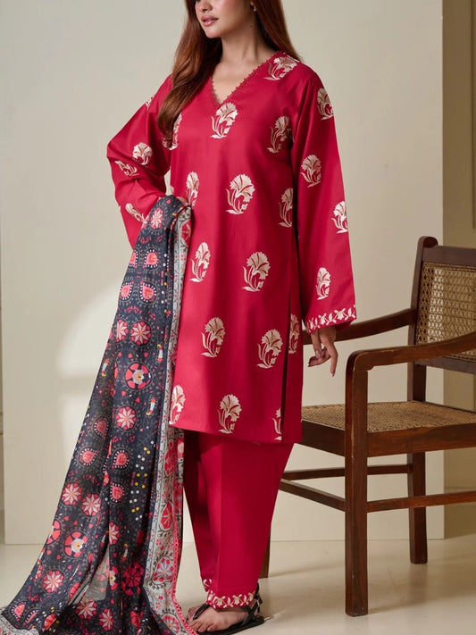 Agha Noor 3 piece - (Size- L) Embroidered Lawn Suit - Maroon