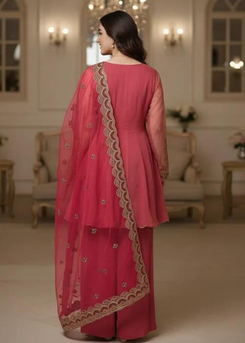 Designer Embroidered Organza Gharara - Bubblegum Pink
