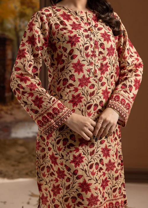 3 Piece Embroidered Cotton Suit - Beige and Red