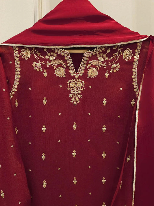 Agha Noor 3 Piece - Pure Embroidered Cotton Net Suit - Maroon