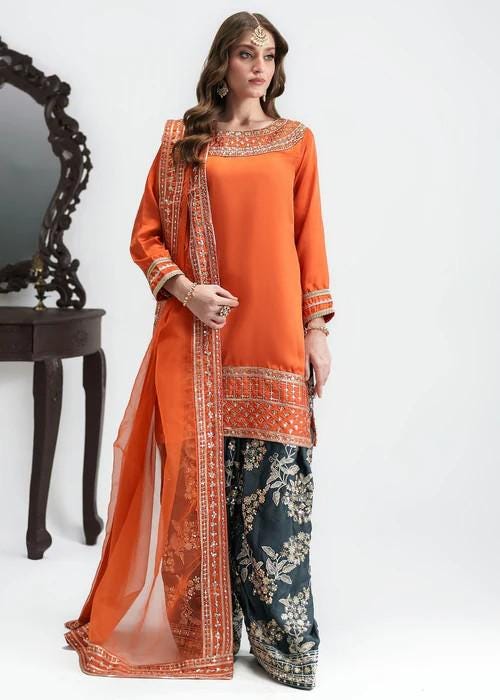 3 Piece Embroidered Farshi Shalwar Charmeuse Silk Suit