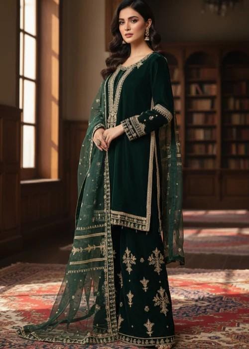 Embroidered Dark Green Velvet Palazzo Suit - 3 Piece - Organza Dupatta