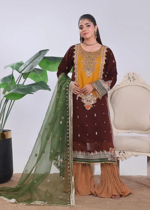 XXL - Embroidered Chiffon Gharara Suit - Chocolate Brown