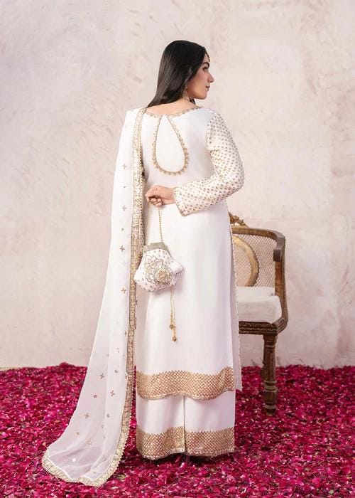 4 Piece Golden Embroidered Palazzo Chiffon Suit - White - With Potli bag
