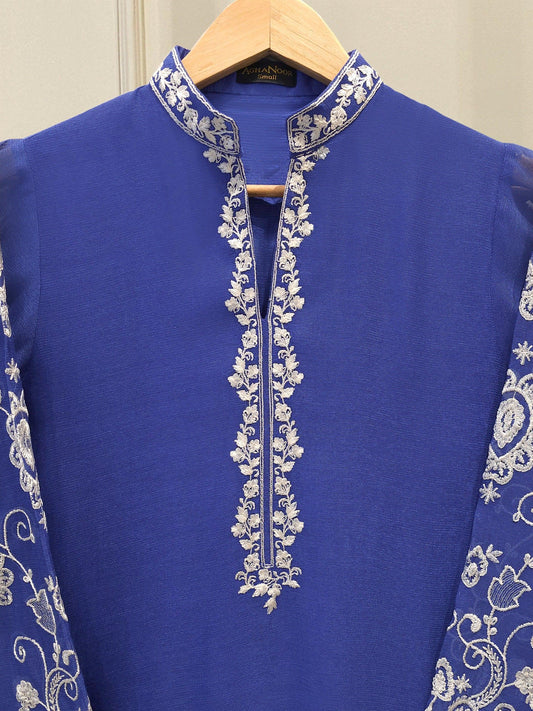 Agha Noor 2 Piece Embroidered Suit - Blue - Raw Silk Pants