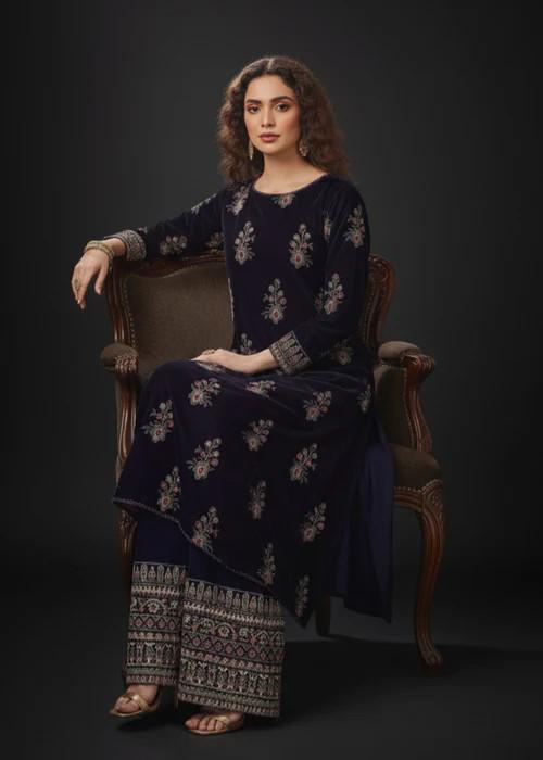 Embroidered Purple Velvet Palazzo Suit - 3 Piece - Organza Dupatta