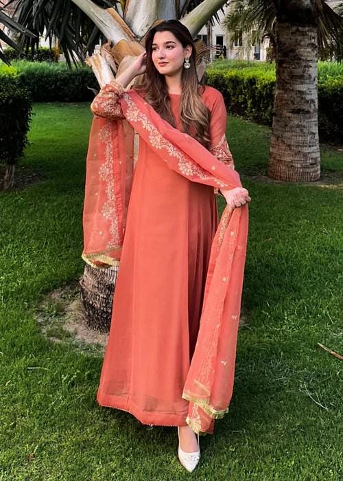 Embroidered Chiffon Suit - Coral Orange - Organza Dupatta