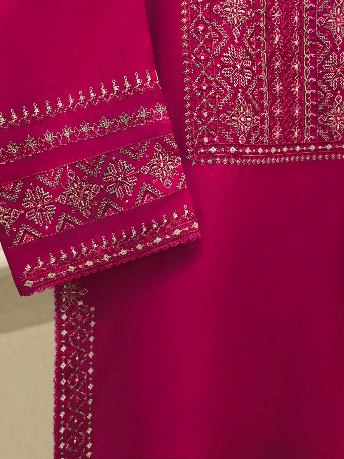 Agha Noor 3 Piece Embroidered Kora Cotton Silk Suit Size (Large) - Chest 44"