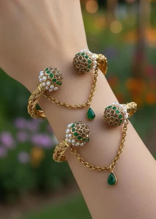 Adjustable Gold Plated Pair of Bracelets in Emerald Green Color (Kada Pair Gutt)