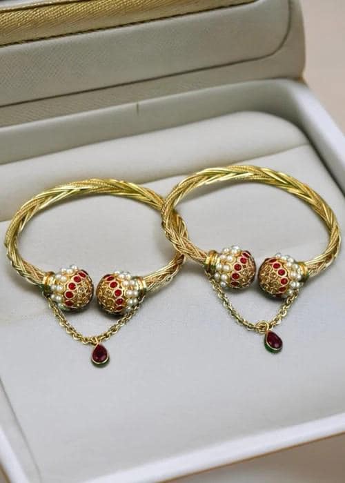 Adjustable Gold Plated Pair of Bracelets in Ruby Red Color (Kada Pair Gutt)
