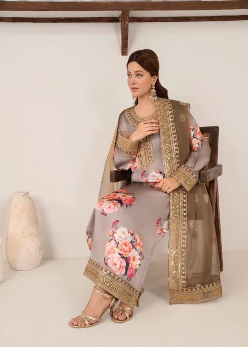 Embroidered Charmeuse Silk Suit - Organza Dupatta - Roses on Grey