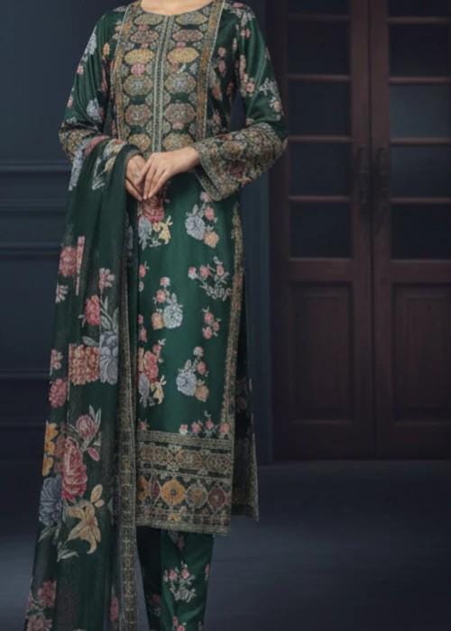3 Piece Embroidered Charmeuse Silk Suit - Chiffon Dupatta - Green
