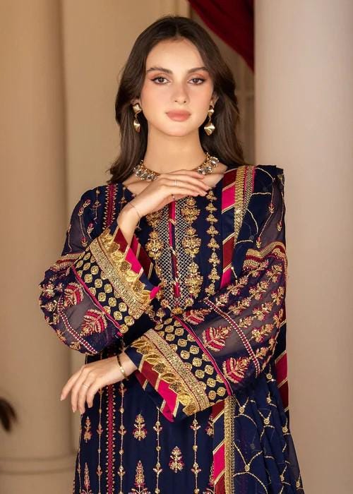 3 Piece Embroidered Chiffon Suit - Navy Blue