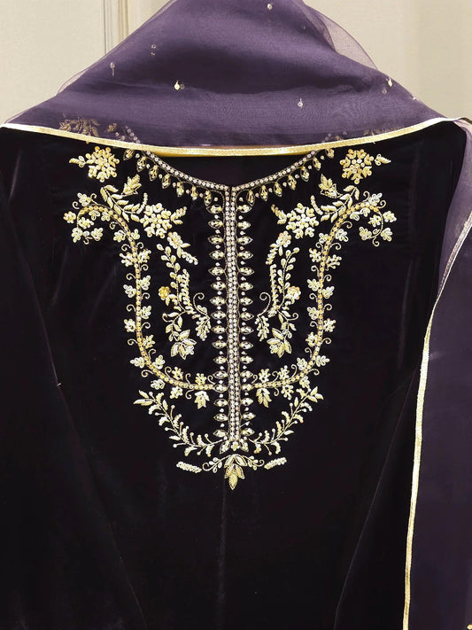 Agha Noor 3 piece - Embroidered Velvet Suit - Dark Purple