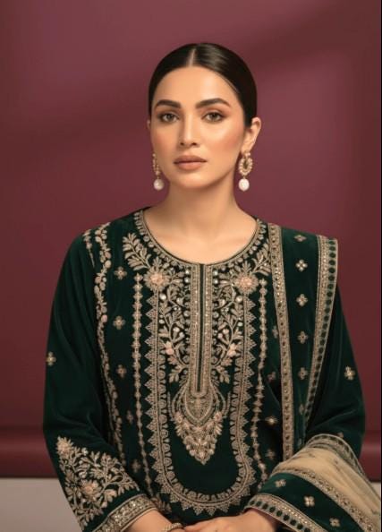 Embroidered Velvet Suit With Jamawar / Brocade Pants and Dupatta - Green