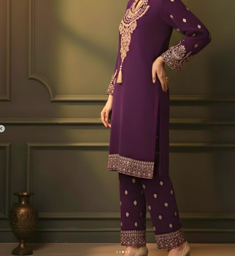 Embroidered Purple Velvet Suit - 2 Piece