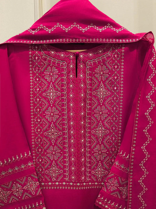 Agha Noor 3 Piece Embroidered Kora Cotton Silk Suit Size (Large) - Chest 44"