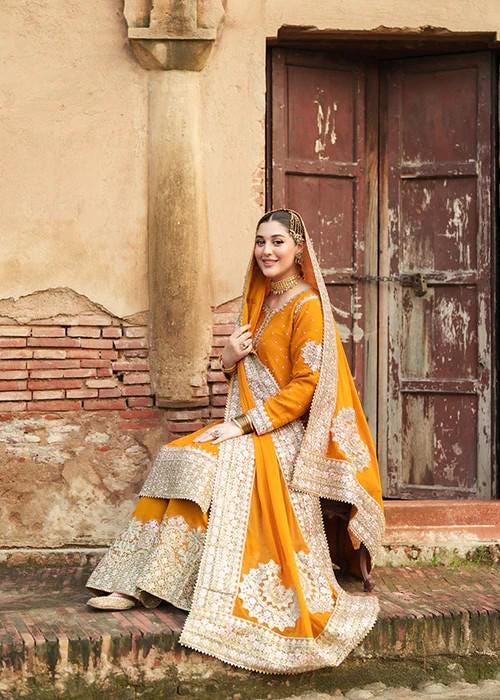 Embroidered Chiffon and Raw Silk Shalwar Suit - Mustard