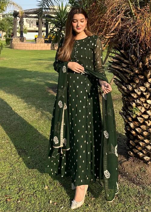 Embroidered Chiffon Maxi Dress - Bottle Green - 3- Piece