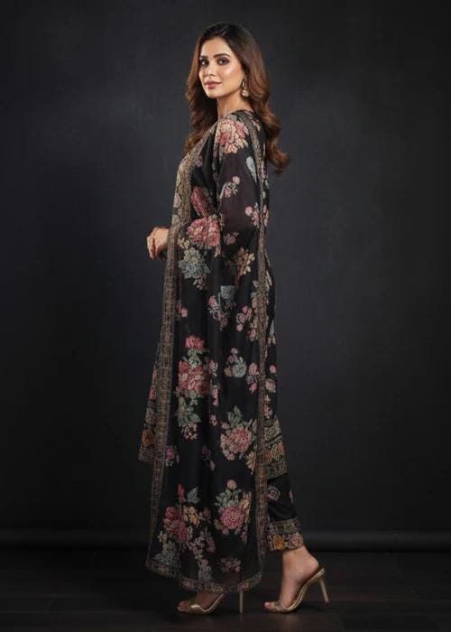 3 Piece Embroidered Charmeuse Silk Suit - Chiffon Dupatta - Black