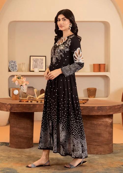 Cotton Frock/ Pishwas with Sequins Embroidery - Black