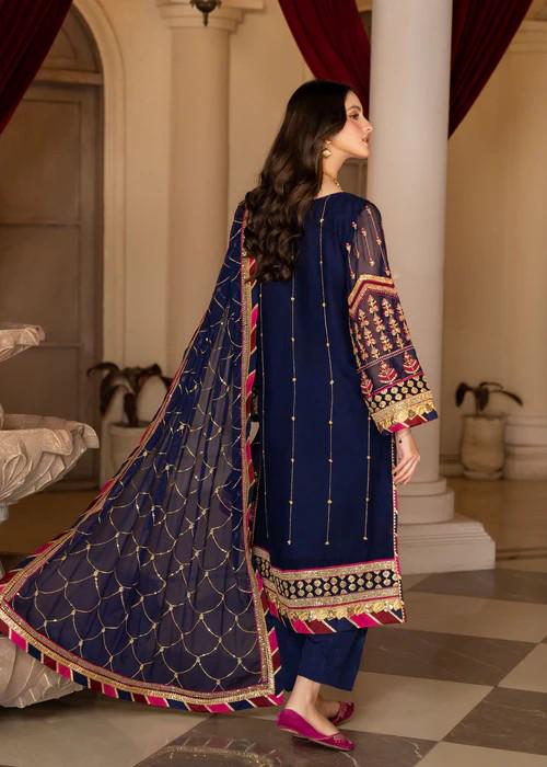 3 Piece Embroidered Chiffon Suit - Navy Blue