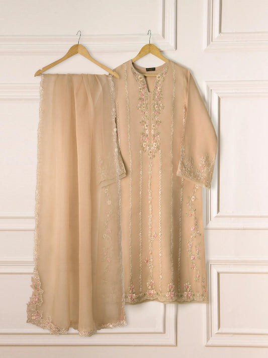 Agha noor 3 Piece Embroidered Organza Suit -Size (Large) - Beige
