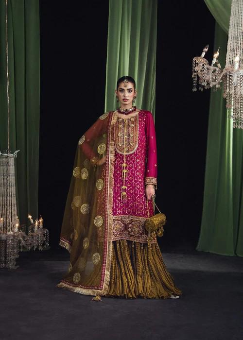 Heavily Embroidered Chiffon and Silk Gharara - Matching Potli bag - Magenta & Gold