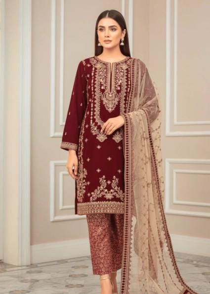Embroidered Velvet Suit With Jamawar / Brocade Pants and Dupatta - Maroon