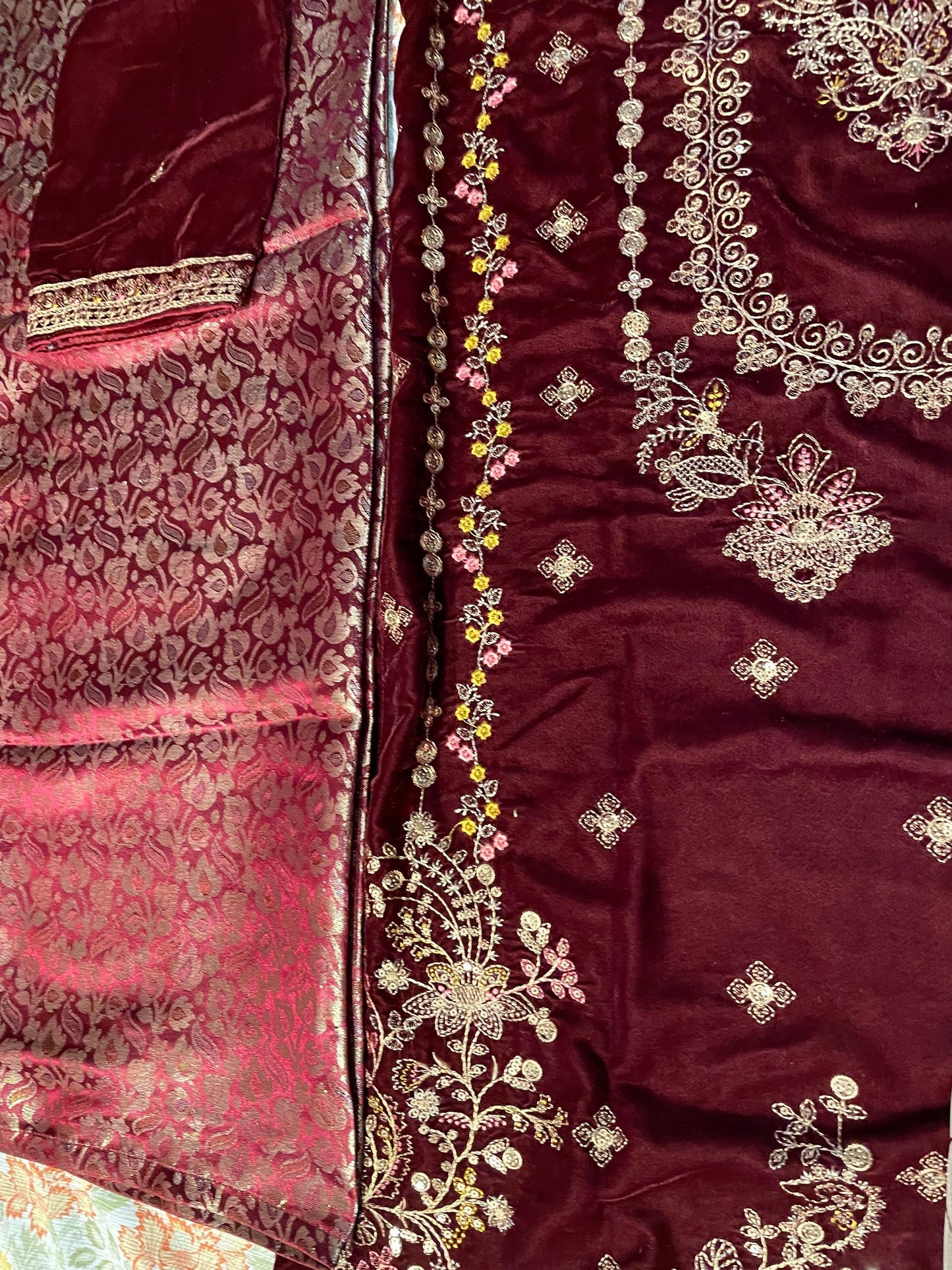 Embroidered Velvet Suit With Jamawar / Brocade Pants and Dupatta - Maroon