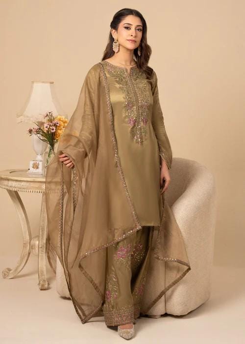 Embroidered Silk Farshi Shalwar Suit with Organza Dupatta - 3 Piece - Tan Brown