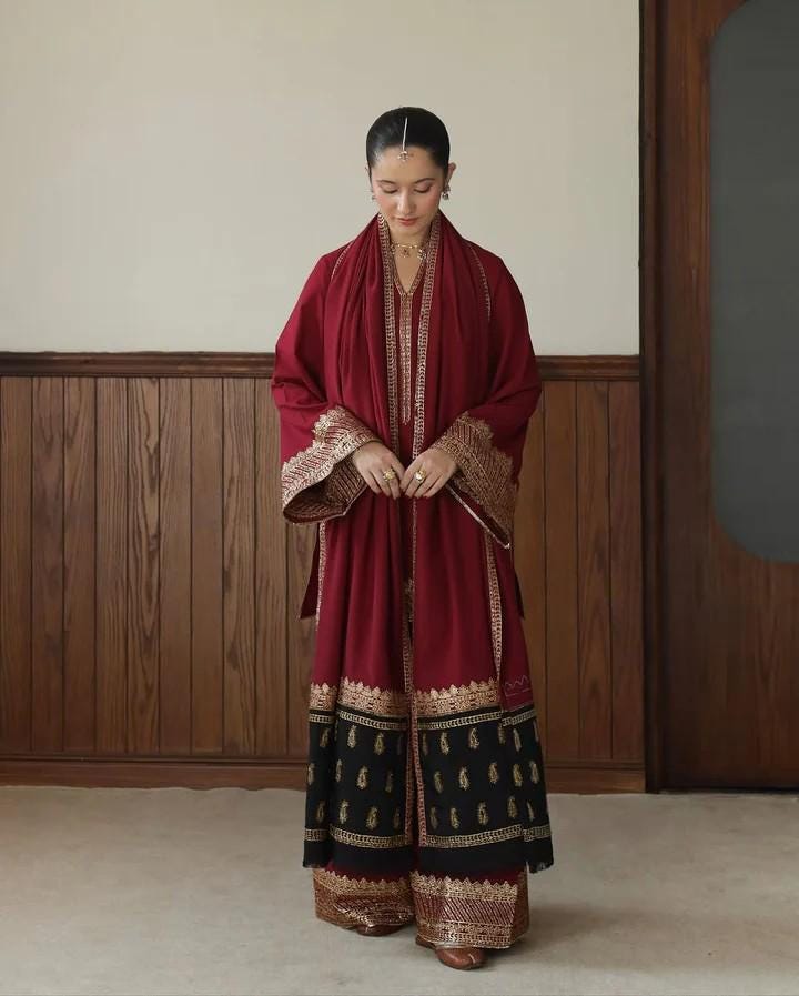 3 Piece Gold Embroidered Cotton-Blend Suit - Red