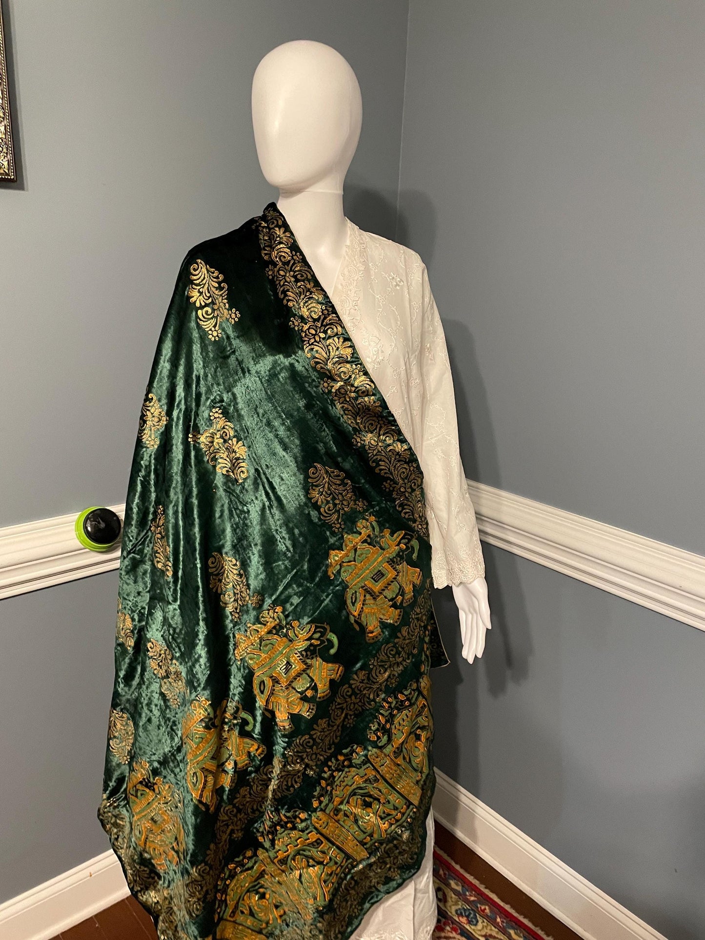 Handmade Block Print Micro Velvet Lightweight Shawl - Green - Elephants Design