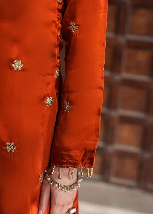 3 Piece Embroidered Charmeuse / Shamooz Silk Suit - Zari & Tilla work