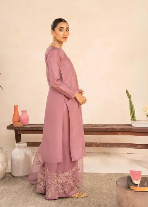 Embroidered Pink Kattan Silk Suit - Palazzo Pants and Organza Dupatta