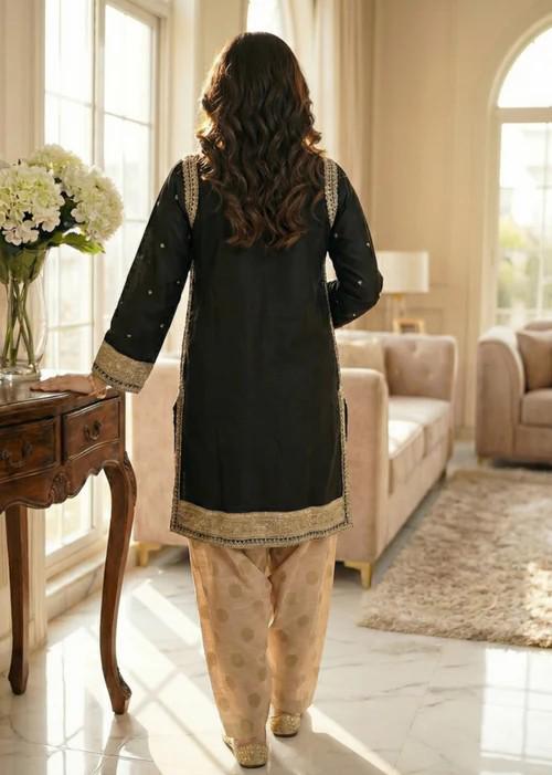 3 Piece Raw Silk Embroidered Suit - Black & Beige