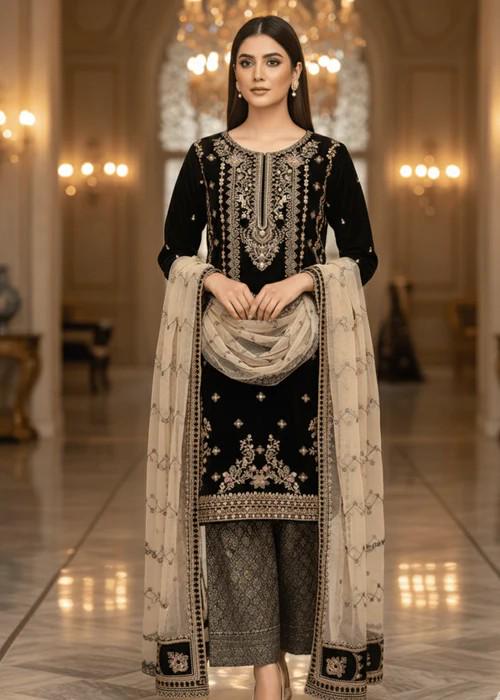 Embroidered Velvet Suit With Jamawar / Brocade Pants and Dupatta - Black