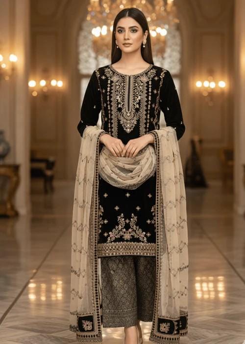 Embroidered Velvet Suit With Jamawar / Brocade Pants and Dupatta - Black