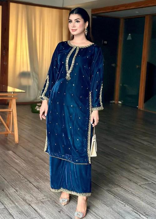 Embroidered Sapphire Blue Velvet Suit - 2 Piece - Adda Work with Palazzo Pants