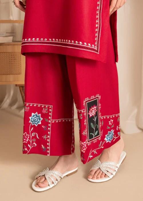 2 Piece Embroidered Linen Palazzo Suit - Crimson Red