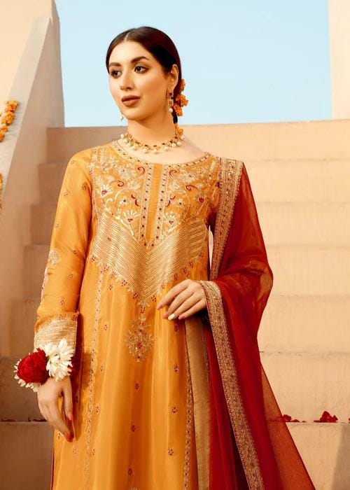3 Piece Embroidered Raw Silk Suit - Golden Tilla and Sequin Work