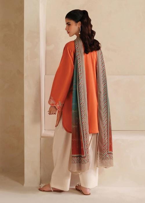 3 Piece Embroidered Rust & Beige Cotton Suit - Chiffon Dupatta