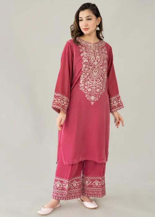 Embroidered Pink Velvet Suit - 2 Piece