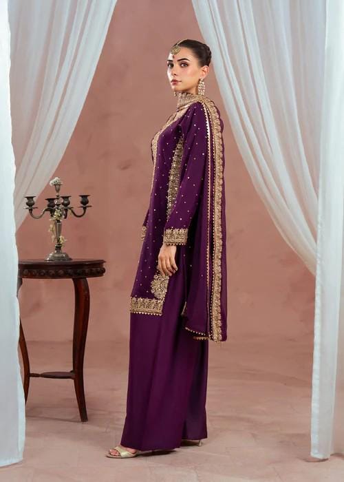 3 Piece Golden Embroidered Farshi Shalwar Chiffon Suit - Plum