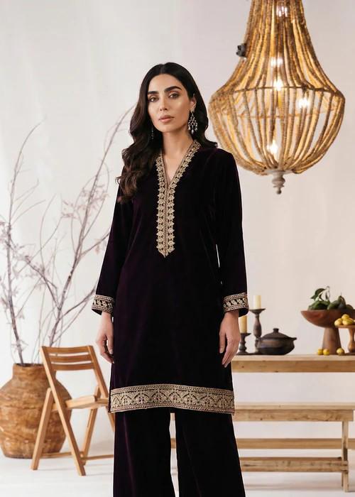 Embroidered Velvet Kurta Set - 2 Piece Designer Wear - Maroon