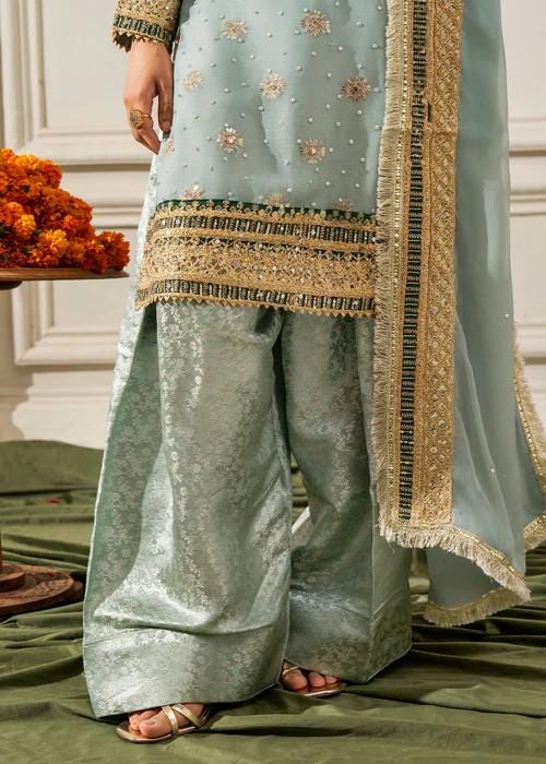 3 Piece Golden Embroidered Chiffon & Raw Silk Suit - Pastel Blue